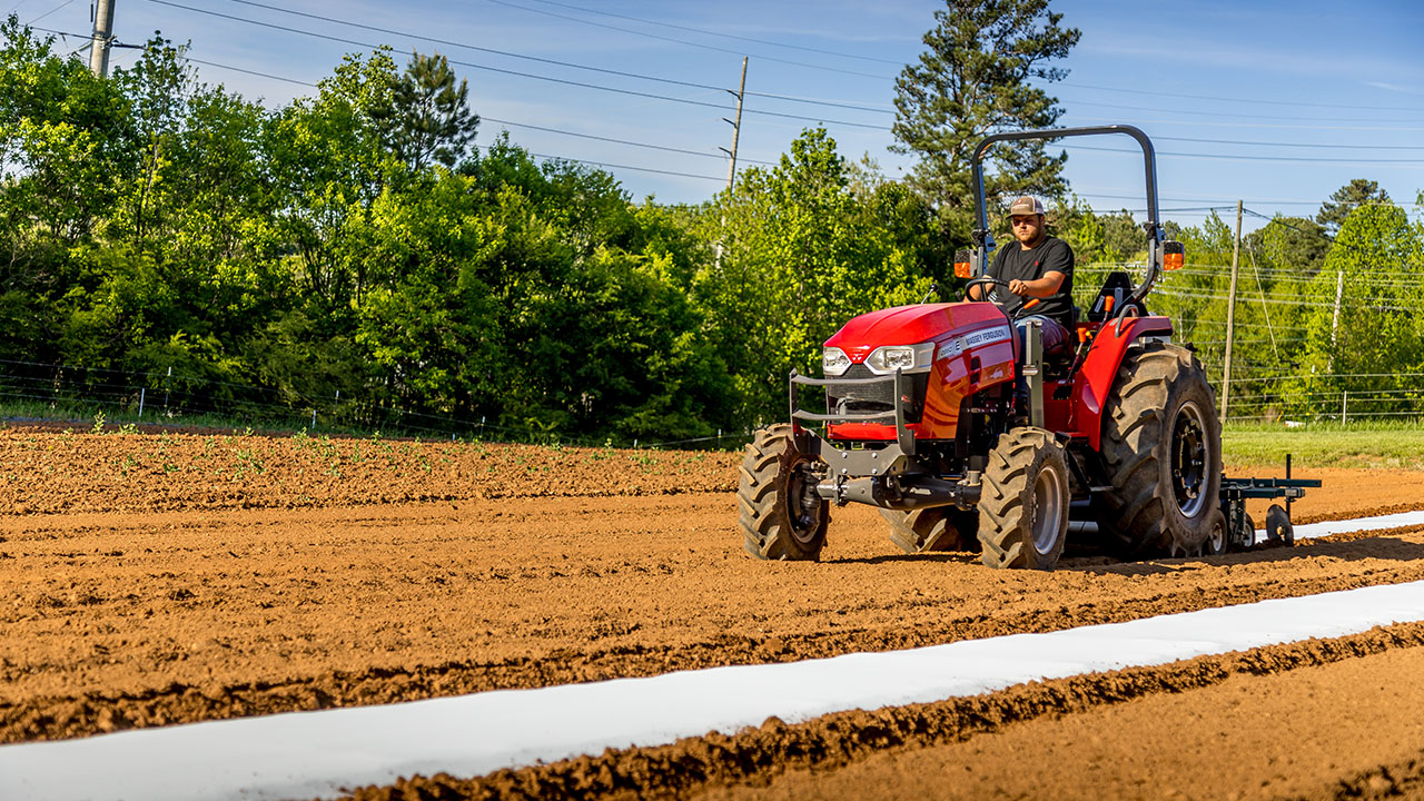 Operator driving a Massey Ferguson 2800E Series compact tractor preparing soil rows on a farm, ideal for small-scale agriculture tasks.