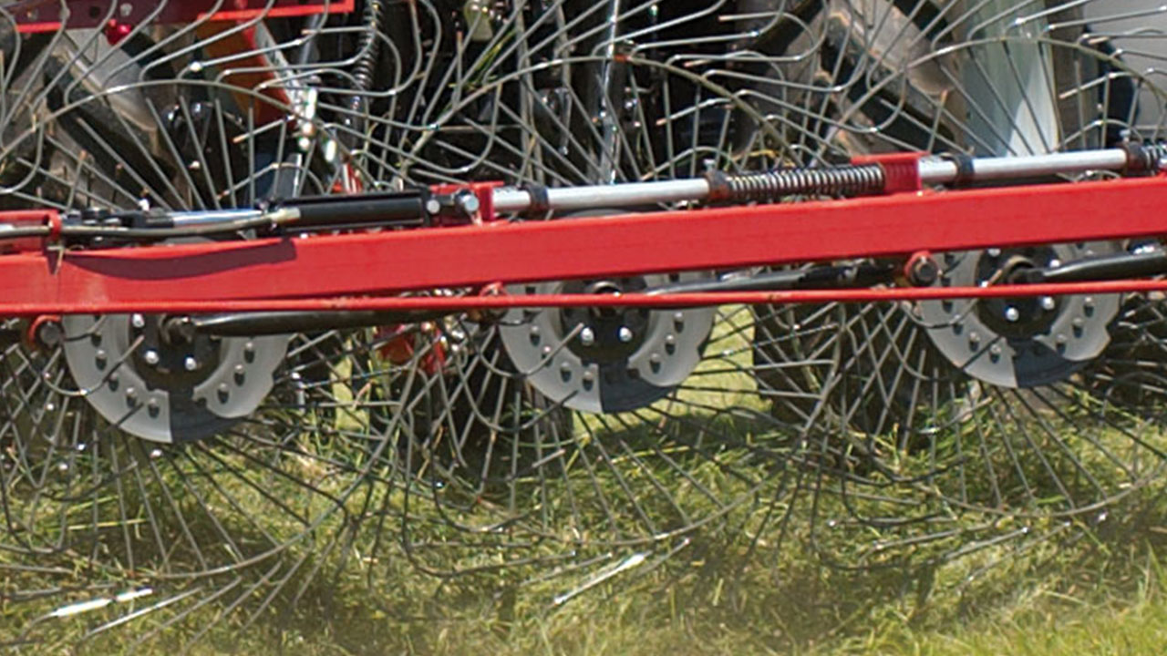 Close-up of MF 3900 Series Wheel Rake tines and frame gathering hay, built for durability and clean windrow formation.