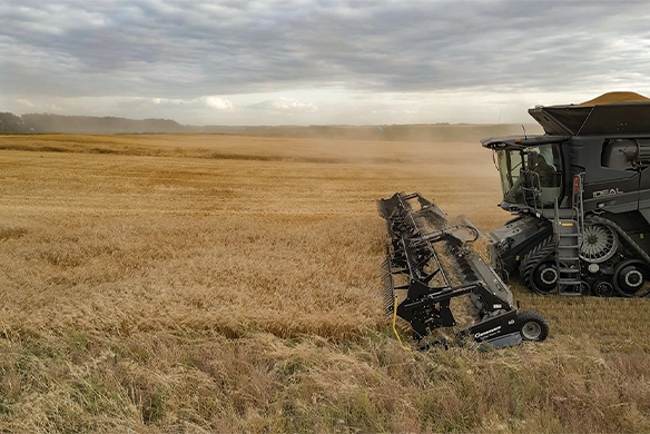Efficient harvesting with Fendt IDEAL combine and Geringhoff draper header, designed for high-speed crop intake.