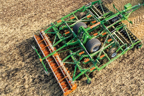 Aerial view of the Amazone Ceus 6000-2TX showing full working width, featuring dual-tine cultivation and compact disc sections for one-pass efficiency.