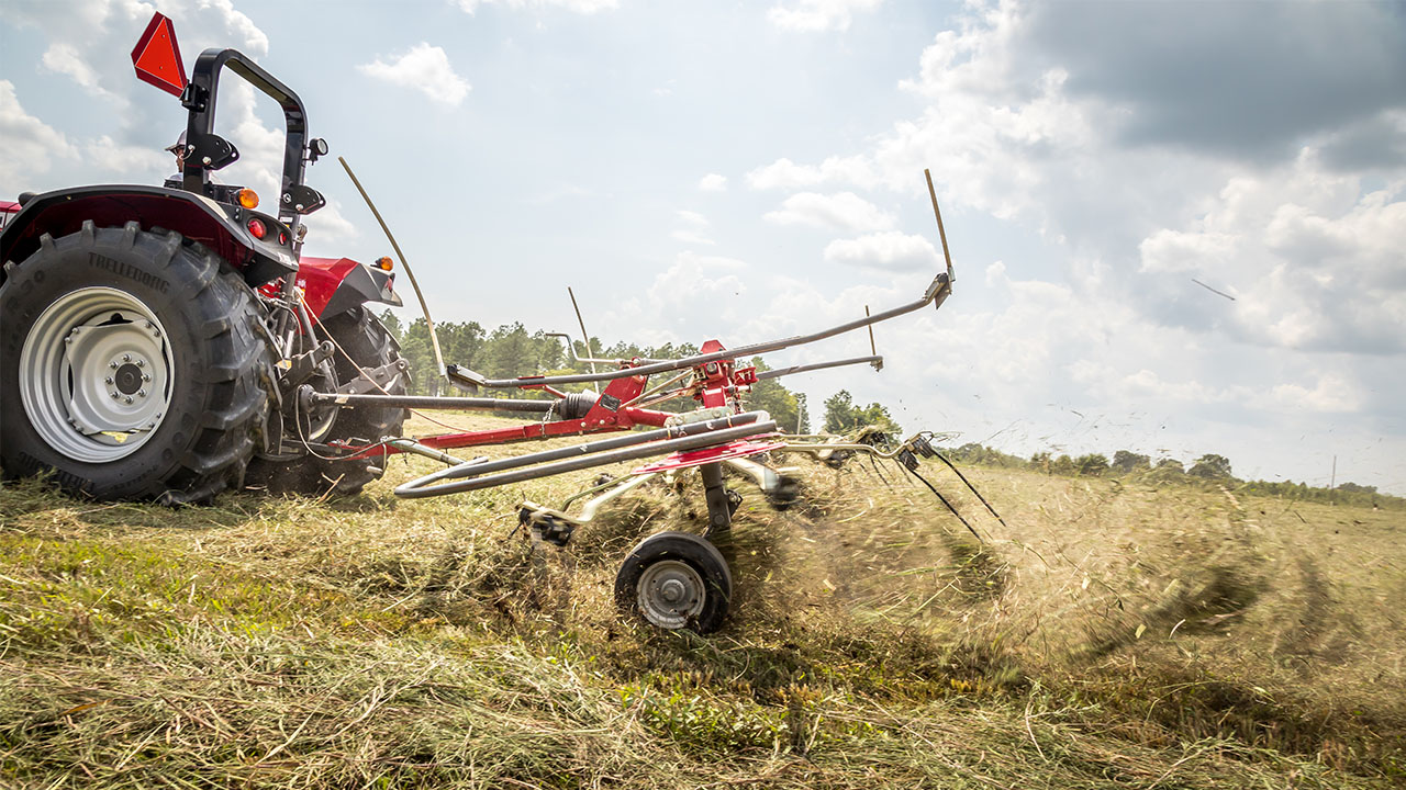 Massey Ferguson tractor using MF TD Series Tedder in field, spreading hay evenly to speed drying and improve forage quality.