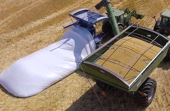 Overhead view of a Brandt grain bagger filling a large storage bag in the field, receiving grain from a cart during harvest operations.