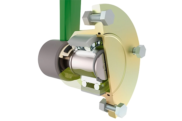 Cutaway illustration of the Amazone Catros+ maintenance-free disc bearing unit with sealed ball bearings for long-term durability.
