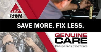 AGCO Parts Genuine Care banner promoting expert service with genuine parts and preventive maintenance savings.