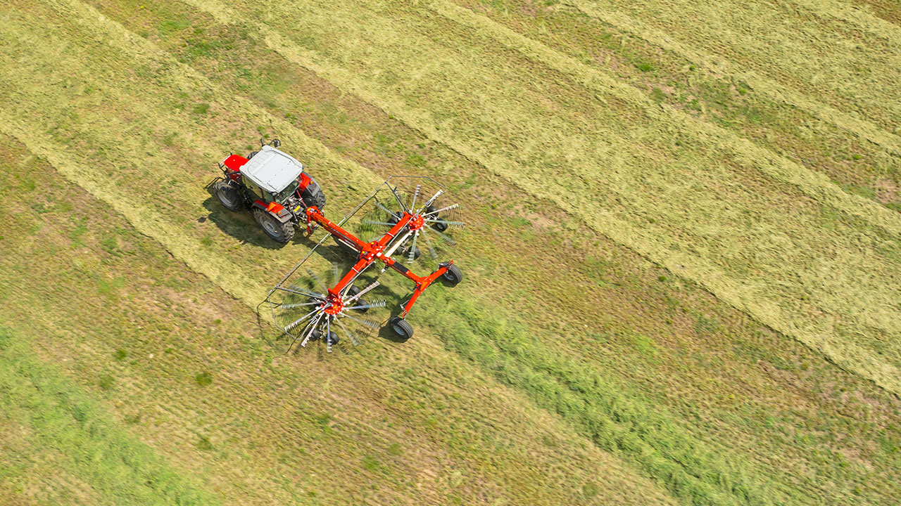 Massey Ferguson rotary rake working in a field, optimizing hay collection and forage efficiency from above.