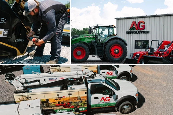 Collage of AgRevolution dealership operations featuring a technician servicing equipment, a Fendt tractor parked outside the dealership building, and a row of AGCO-branded AgRevolution service trucks equipped for field support.