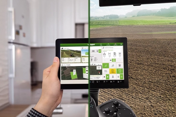 Tablet and farm equipment screen displaying FendtOne technology system.
