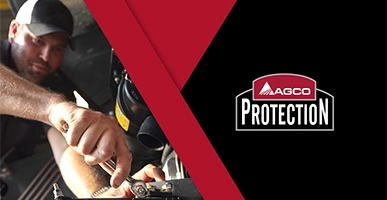 AGCO Protection banner with technician performing maintenance, promoting extended coverage for AGCO equipment.