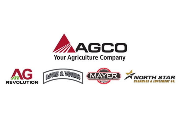 AGCO logo with the tagline "Your Agriculture Company," accompanied by logos of AG Revolution, Lowe & Young, Mayer Farm Equipment, and North Star Hardware & Implement Co.