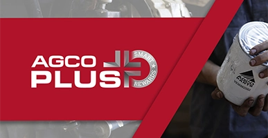 AGCO Plus+ Smart Rewards program banner showing AGCO Parts oil filter and red loyalty branding.