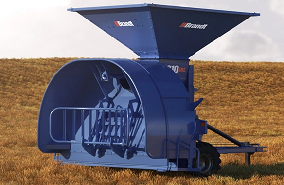 Brandt GrainBagger set up in an open field, ready for high-capacity grain storage.